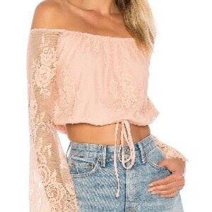 Lovers + Friends blush pink Lace Off-Shoulder Blouse M revolve